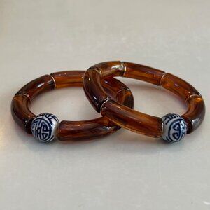 LELANI | Two Chinoiserie Resin Stretch Bracelets Blue White Porcelain Beads-NEW